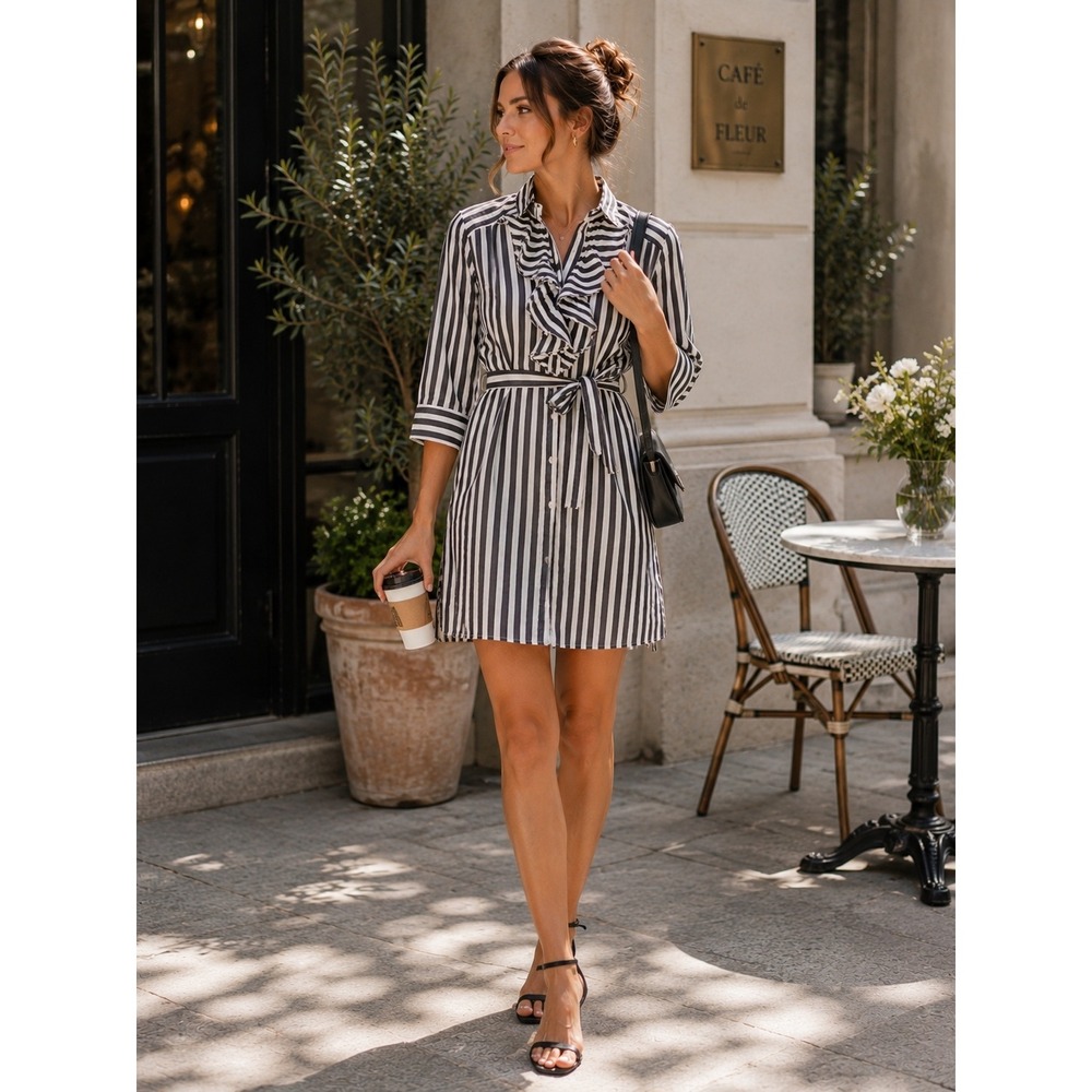 Antilia Femme Striped Ruffle‎ Front Shirtdress Black White Small